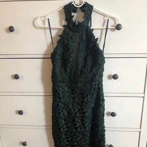 Forest green Bardot lace halter leaf dress